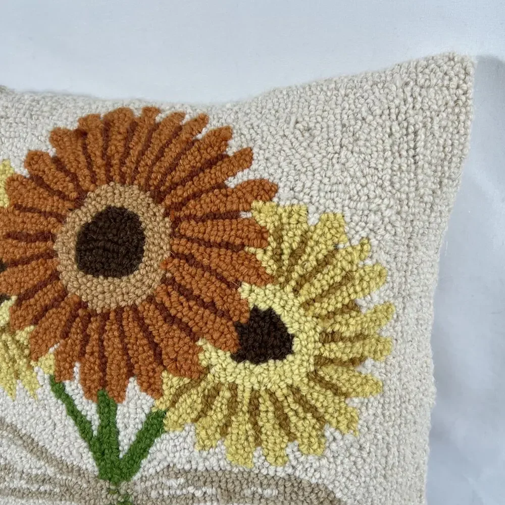 Autumn Fall Sunflower Flower Hook Wool Front Cotton Back Throw Pillow 16